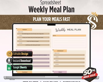 May include: A laptop displays a weekly meal plan spreadsheet. The screen shows a meal schedule with sections for breakfast, lunch, snack, and dinner. The laptop also features the text "Editable Design", "Instant Download", and "Google Sheets". The image includes the text "50% OFF MEGA SALE".
