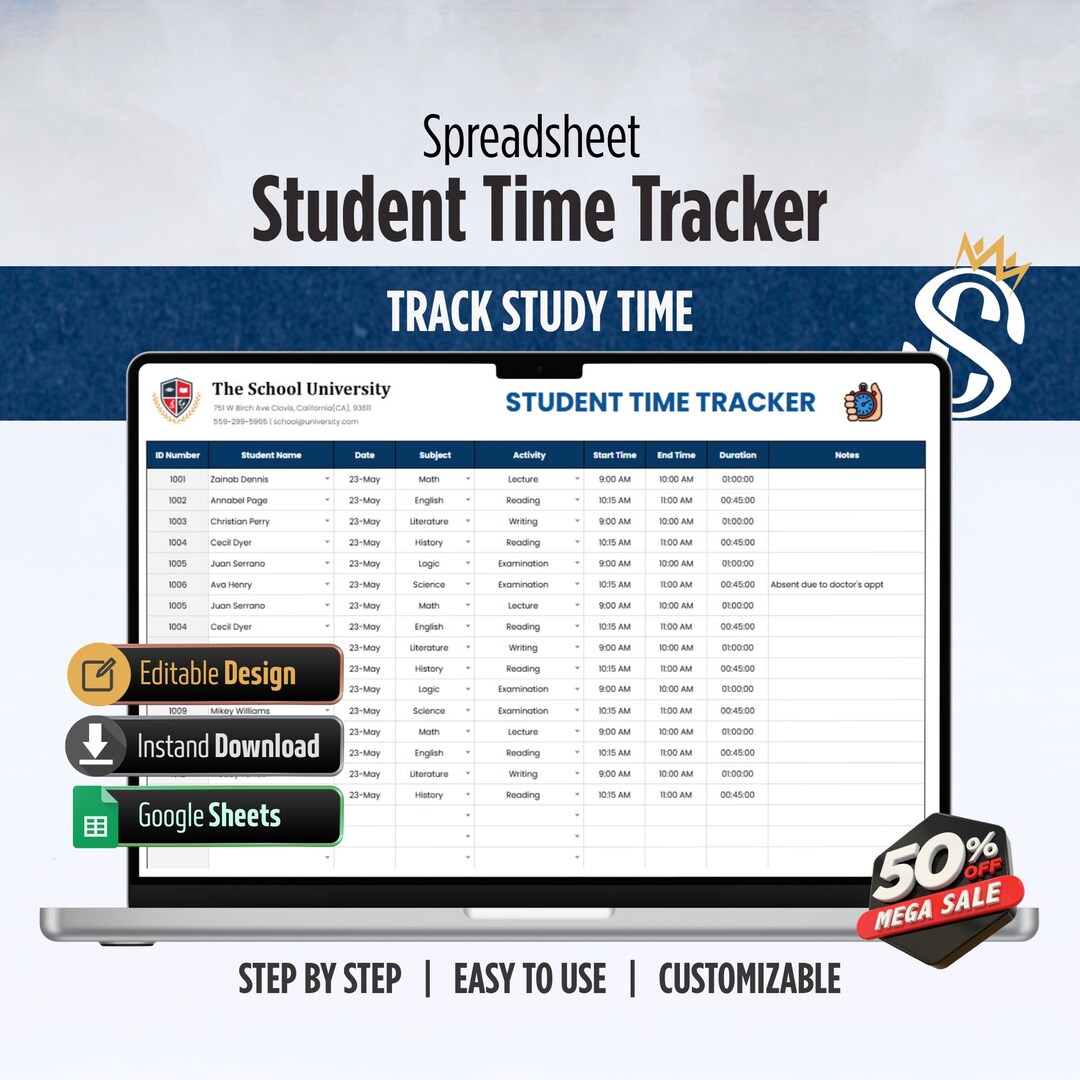 Student Time Tracker Google Sheets | Time Management Planner for ...