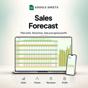 Könnte beinhalten: Ein Laptop und ein Smartphone mit einem Google Sheets-Umsatzprognosemodell. Der Bildschirm zeigt eine Tabelle mit Daten, ein Balkendiagramm und den Text: Google Sheets, Sales Forecast, Plan units. Set prices. See your gross profit.