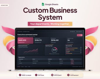 May include: A laptop screen displaying a dark-themed Google Sheets Custom Business System dashboard titled Executive command center. The interface shows financial metrics, revenue performance, operating margins, and team reporting data in a grid layout.