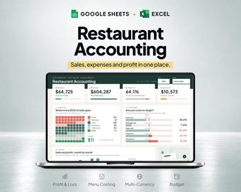 May include: A laptop screen displaying a Restaurant Accounting dashboard for Google Sheets and Excel. The interface shows financial data including sales, expenses, and profit metrics with charts, tables, and numerical values in a clean, organized layout.