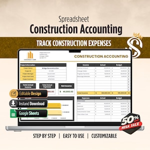 Op de afbeelding: Een laptopscherm toont een spreadsheet voor bouwboekhouding met de tekst "Construction Accounting" en "Track Construction Expenses". Het scherm toont inkomsten- en uitgaven details, met opties voor bewerkbaar ontwerp en direct downloaden. Een "50% off Mega Sale" banner is zichtbaar.