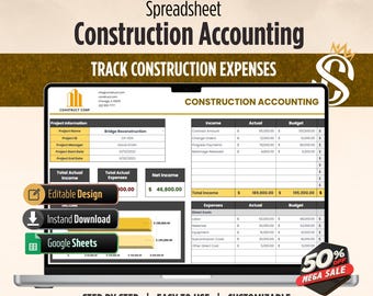 Hoja de cálculo para contabilidad de la construcción / Costes de obras y presupuesto de proyectos para contratistas / Plantilla de Google Sheets / Descarga digital