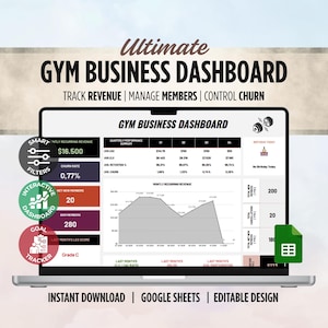 May include: A laptop screen displays a "Gym Business Dashboard" with data visualizations and key performance indicators. The dashboard includes charts, graphs, and numerical data related to revenue, member management, and churn rate. The design is clean and modern, with a focus on data presentation.