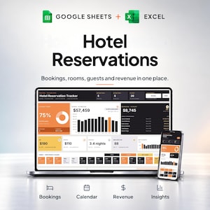 Hotel Reservation Tracker, Booking Calendar Template, Room Availability Spreadsheet, Google Sheets Excel, Airbnb Guest House B&B
