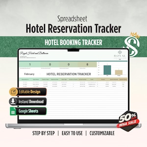 Hotel Reservation Tracker | Google Sheets booking organizer | Room availability and guest info | Digital Download