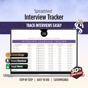 Könnte beinhalten: Ein Laptop-Bildschirm zeigt eine Interview-Tracker-Tabelle. Der Bildschirm zeigt einen Zeitplan mit Kandidatennamen, Positionen, Kontaktinformationen, Interviewdaten und -zeiten sowie Interviewern. Der Text enthält "Editable Design", "Instant Download" und "Google Sheets".