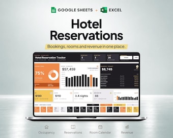 May include: A laptop screen displaying a Hotel Reservation Tracker dashboard for Google Sheets and Excel. The interface features data visualizations, including a donut chart, bar graphs, and tables showing bookings, rooms, and revenue metrics.
