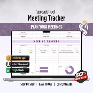 May include: A laptop displays a spreadsheet titled "Meeting Tracker" with fields for meeting details. The screen shows a purple and white design with the text "Plan Your Meetings." Buttons indicate "Editable Design," "Instant Download," and "Google Sheets."