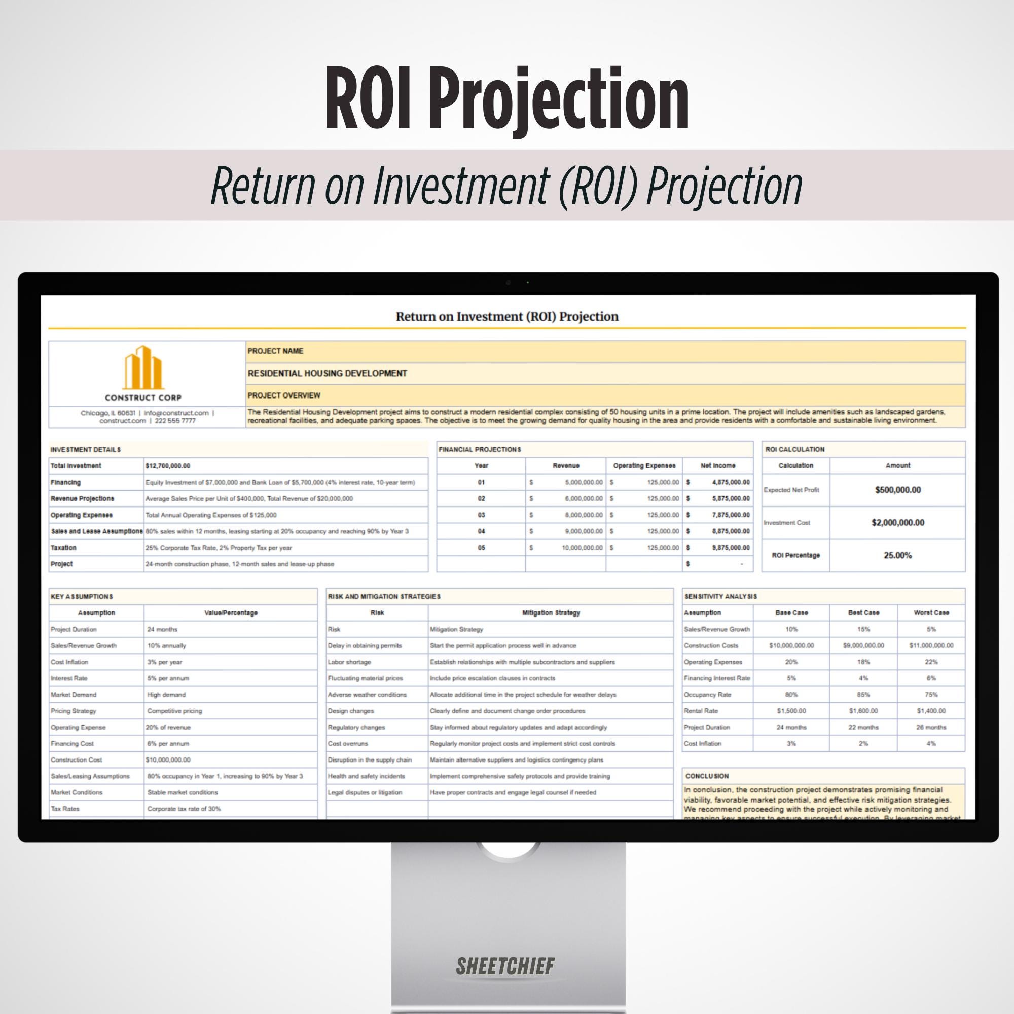 Return on Investment Projection Template | Google Sheets | ROI Forecast ...