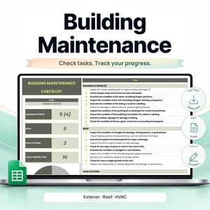 May include: A digital building maintenance checklist displayed on a laptop screen. The document includes sections for building exterior, roof, and HVAC systems with checkboxes for tasks. Text includes Building Maintenance, Check tasks. Track your progress.