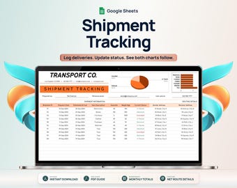 May include: A laptop screen displaying a Google Sheets shipment tracking template. The interface features a header with Transport Co. branding, a shipment information table with columns for ID, dates, items, weight, status, and addresses, plus charts.