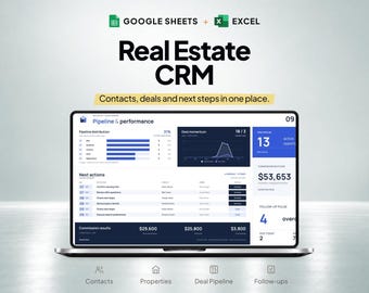 May include: A laptop screen displaying a Real Estate CRM dashboard for Google Sheets and Excel. The interface shows pipeline distribution, deal momentum, commission outlook of $53,653, next actions, and follow-up pulse metrics.