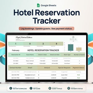 Może przedstawiać: Cyfrowy arkusz Google Sheets do śledzenia rezerwacji hotelowych wyświetlony na ekranie laptopa. Interfejs zawiera pulpit nawigacyjny z danymi rezerwacji, nazwiskami gości, datami zameldowania, typami pokoi i statusem płatności.