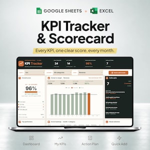 May include: A laptop screen displaying a KPI Tracker and Scorecard dashboard for Google Sheets and Excel. The interface features an overall score of 96%, a bar chart comparing actual versus target revenue, and an action plan list with seven items.