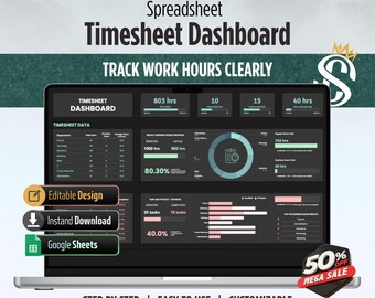 May include: A laptop screen displays a spreadsheet timesheet dashboard with the text "Track Work Hours Clearly." The dashboard shows data visualizations, charts, and the text "Editable Design," "Instant Download," and "Google Sheets."