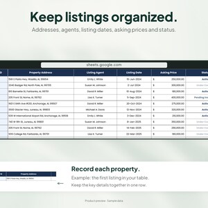 Peut inclure: Une interface de feuille de calcul num&eacute;rique intitul&eacute;e Keep listings organized avec des colonnes pour ID, Adresse, Agent, Date, Prix et Statut. En dessous, une petite bo&icirc;te montre un exemple de ligne avec le texte Record each property.