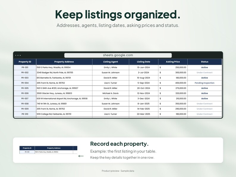 Peut inclure: Une interface de feuille de calcul num&eacute;rique intitul&eacute;e Keep listings organized avec des colonnes pour ID, Adresse, Agent, Date, Prix et Statut. En dessous, une petite bo&icirc;te montre un exemple de ligne avec le texte Record each property.