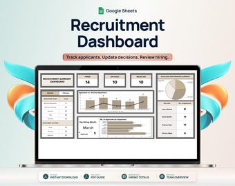 May include: A laptop screen displaying a Google Sheets recruitment dashboard with data tables, bar charts, and a pie chart. The interface includes text labels like Recruitment Summary Dashboard, Hired, On Hold, Rejected, and Recruiter Performance Summary.