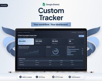 May include: A laptop screen displaying a dark-themed Google Sheets custom tracker dashboard with client and project overview metrics, financial data, and workflow snapshots, accented by blue ribbon graphics and informational text labels.