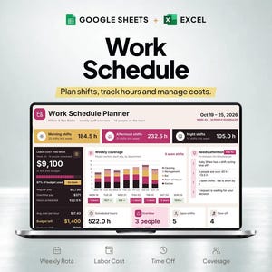 Employee Work Schedule Template, Google Sheets & Excel Shift Planner, Staff Rota with Overtime, Labor Cost and Time Off Tracker