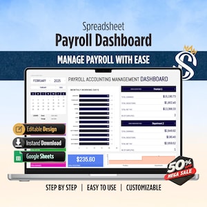 Può includere: Uno schermo di un laptop mostra un foglio di calcolo del dashboard delle buste paga con dati finanziari, tra cui guadagni, detrazioni e stipendio netto. Il testo "Payroll Dashboard" e "Manage Payroll With Ease" sono visibili. Icone per design modificabile, download immediato e Google Sheets.