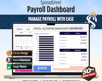 May include: A laptop screen displays a payroll dashboard spreadsheet. The screen shows financial data, including earnings, deductions, and net pay. The text "Payroll Dashboard" and "Manage Payroll With Ease" are visible. Icons indicate editable design, instant download, and Google Sheets.