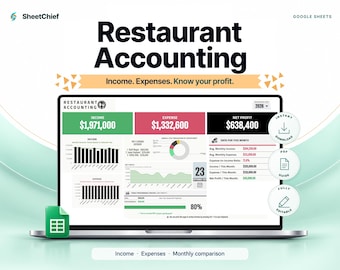 Restaurant Accounting Template | Google Sheets Income, Expense, Net Profit Dashboard | Bookkeeping Spreadsheet