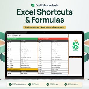 May include: A digital reference guide for Excel Shortcuts & Formulas displayed on a laptop screen. The table lists various ALT and CTRL key commands with their descriptions. The design includes green and orange abstract shapes and text.