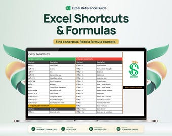 May include: A digital reference guide for Excel Shortcuts & Formulas displayed on a laptop screen. The table lists various ALT and CTRL key commands with their descriptions. The design includes green and orange abstract shapes and text.