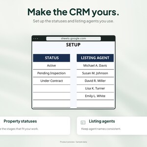 Peut inclure: Une interface num&eacute;rique intitul&eacute;e Make the CRM yours. Elle affiche une fen&ecirc;tre de navigateur avec un tableau de configuration &agrave; deux colonnes : Status, avec Active, Pending Inspection, Under Contract ; et Listing Agent, avec cinq noms.