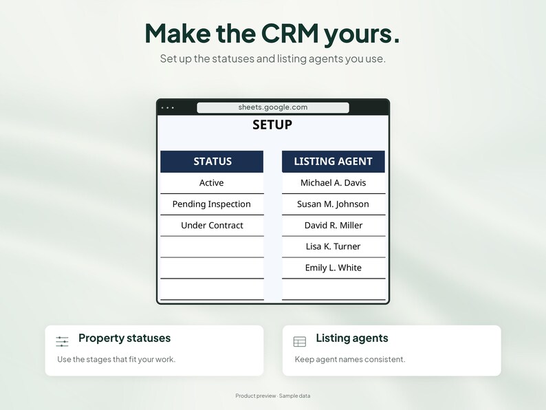 Peut inclure: Une interface num&eacute;rique intitul&eacute;e Make the CRM yours. Elle affiche une fen&ecirc;tre de navigateur avec un tableau de configuration &agrave; deux colonnes : Status, avec Active, Pending Inspection, Under Contract ; et Listing Agent, avec cinq noms.