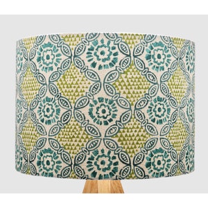 May include: A lampshade with a green and blue geometric pattern. The pattern features repeating circles and triangles.