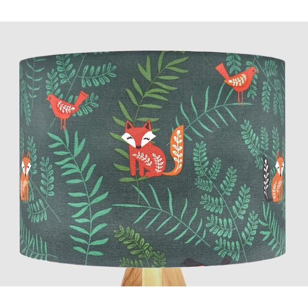 Handmade Lampshade Green Woodland Fox Fabric Drum, Scandi Folk Animal Light Shade for Table / Floor Lamp or Ceiling Pendant
