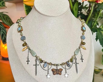 butterfly czech glass beaded necklace version 2 - cottagecore fairycore nature inspired jewelry