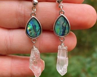 Silver Abalone Charm Earrings with Polished Aura Quartz Points