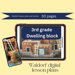 Könnte beinhalten: Ein digitaler Unterrichtsplan für die 3. Klasse Waldorf-Pädagogik zum Thema Wohnblock. Das Bild zeigt einen Tablet-Bildschirm, auf dem eine Kreidezeichnung eines Wohnblocks zu sehen ist, mit dem Text "3. Klasse Wohnblock" und "Waldorf digitale Unterrichtspläne".