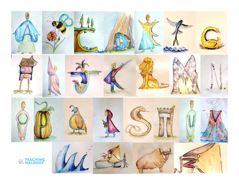 Waldorf Alphabet Cards, Printable Letters, Story ABC Letters, Classroom