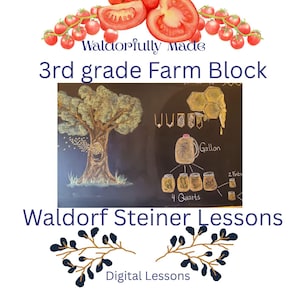 Könnte beinhalten: Ein digitales Lehrmaterial mit dem Titel Waldorfually Made 3rd grade Farm Block Waldorf Steiner Lessons, das eine Aquarellillustration von roten Tomaten und eine Kreidezeichnung eines Baumes, Waben und Flüssigkeitsmaßen zeigt.