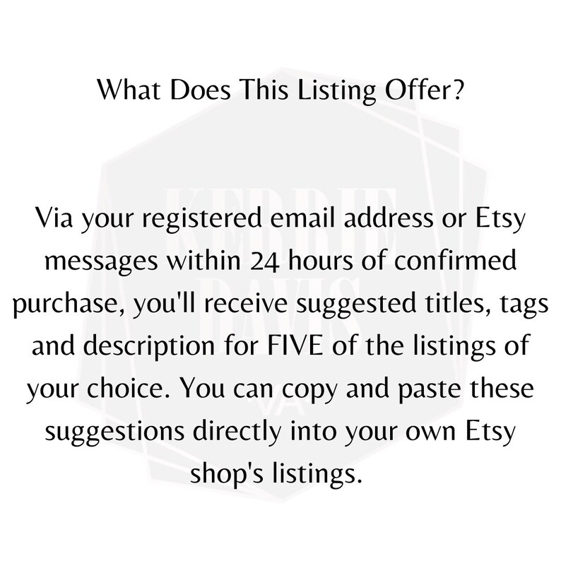 May include: Text on a white background that reads "What Does This Listing Offer?"  The text continues: "Via your registered email address or Etsy messages within 24 hours of confirmed purchase, you'll receive suggested titles, tags and description for FIVE of the listings of your choice. You can copy and paste these suggestions directly into your own Etsy shop's listings."