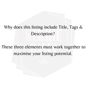 May include: Text graphic with a white background and black text. The text reads: "Why does this listing include Title, Tags & Description? These three elements must work together to maximise your listing potential."