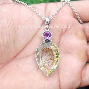 Lovely Golden Rutilated Quartz Pendant, 925 Sterling Silver Pendant, Amethyst Pendant, Golden Tourmaline Pendant, Tourmalated Quartz Pendant