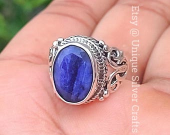 Natürlicher roher Saphir 925 Sterling Silber Ring, Blauer Saphir Stein Ringe, 7 Karat Stein Ring, Saphir Zarte Ringe, Saphir Unisex Ringe