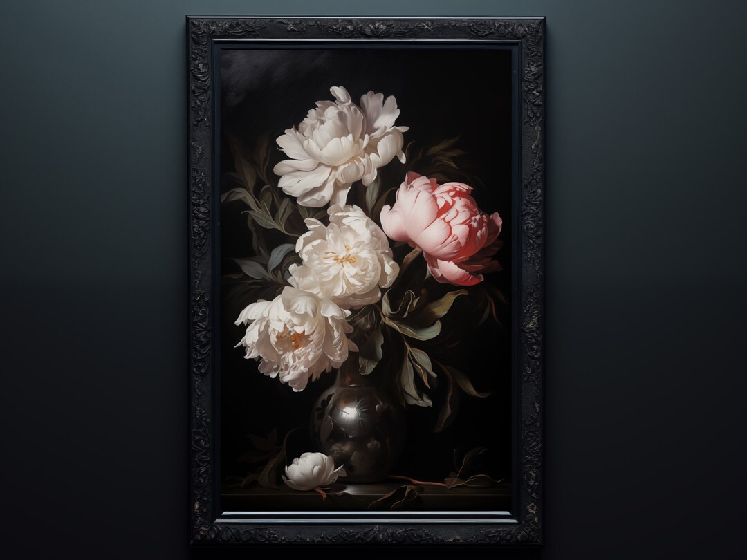 Vintage Moody Flower Print Dark Floral Still Life Oil Painting ...