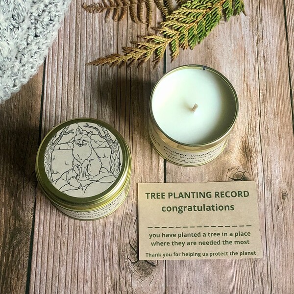 Ancient Woodland relaxing eco friendly forest candle for her, fox nature candle gift for him, ethical tree planting gift for nature lover