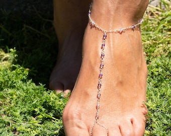 Shades of Faceted AMETHYST and STERLING 925 Foot Chain, Anklet, Toe Ankle Chain, Bikini Wear, Beach Outfit, Body Jewelry, Slave Chain