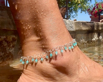 Sterling Silver Anklet with Faceted Apatite Beads – Beach Resort Jewelry