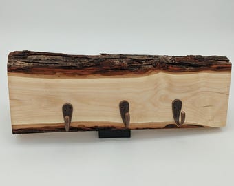 Live Edge Wood Wall Hanger with Metal Hooks | Unique Rustic Key Holder, Hat Rack, or Leash Hanger