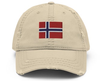May include: A distressed beige baseball cap with an embroidered Norwegian flag on the front.