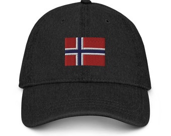 May include: A black denim baseball cap with an embroidered Norwegian flag on the front.
